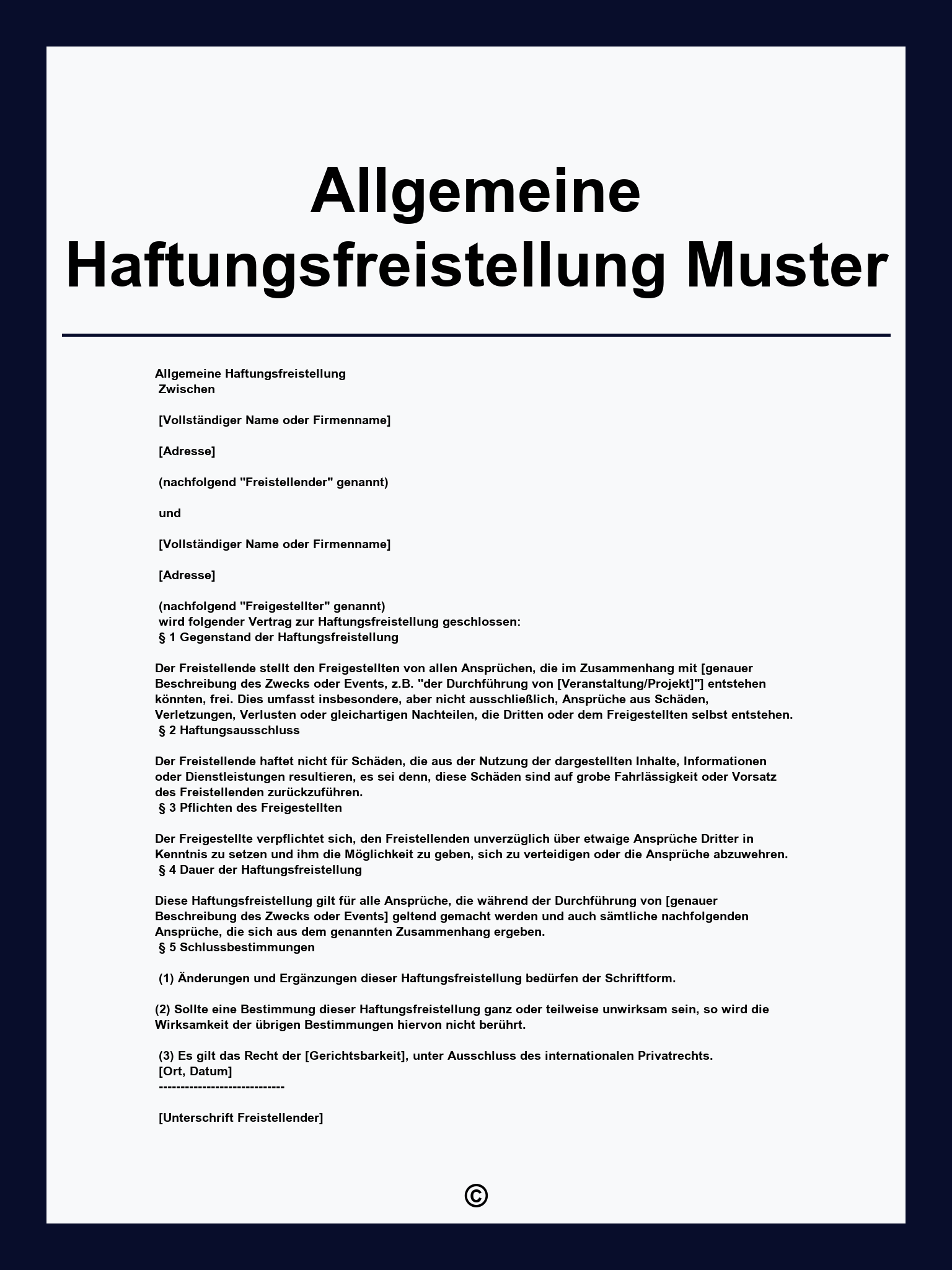 Allgemeine Haftungsfreistellung Muster