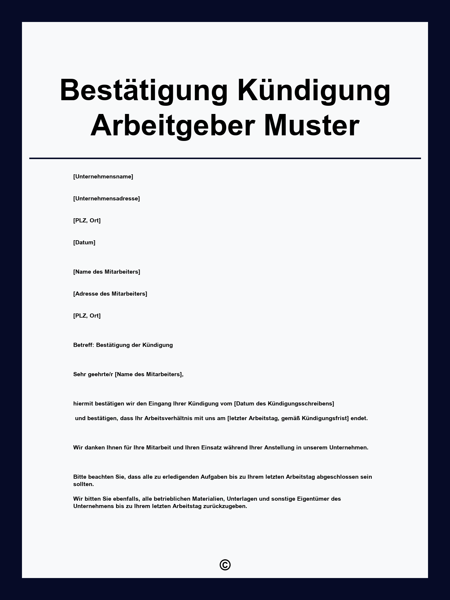 Bestätigung Kündigung Arbeitgeber Muster