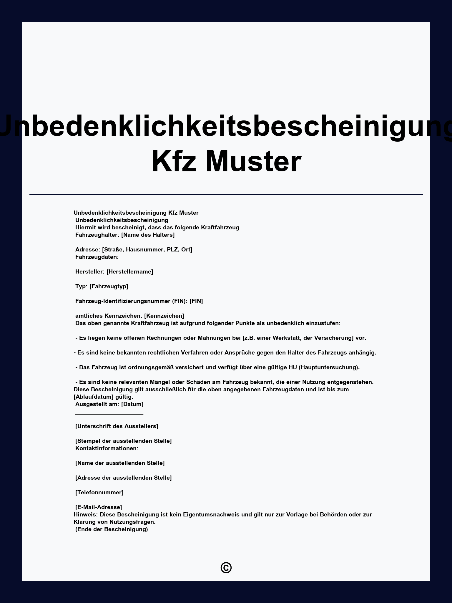 Unbedenklichkeitsbescheinigung Kfz Muster